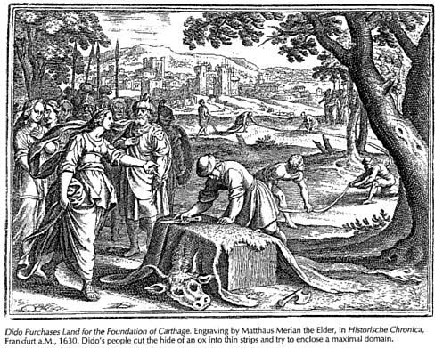 An engraving depicting Dido's oxhide swindle